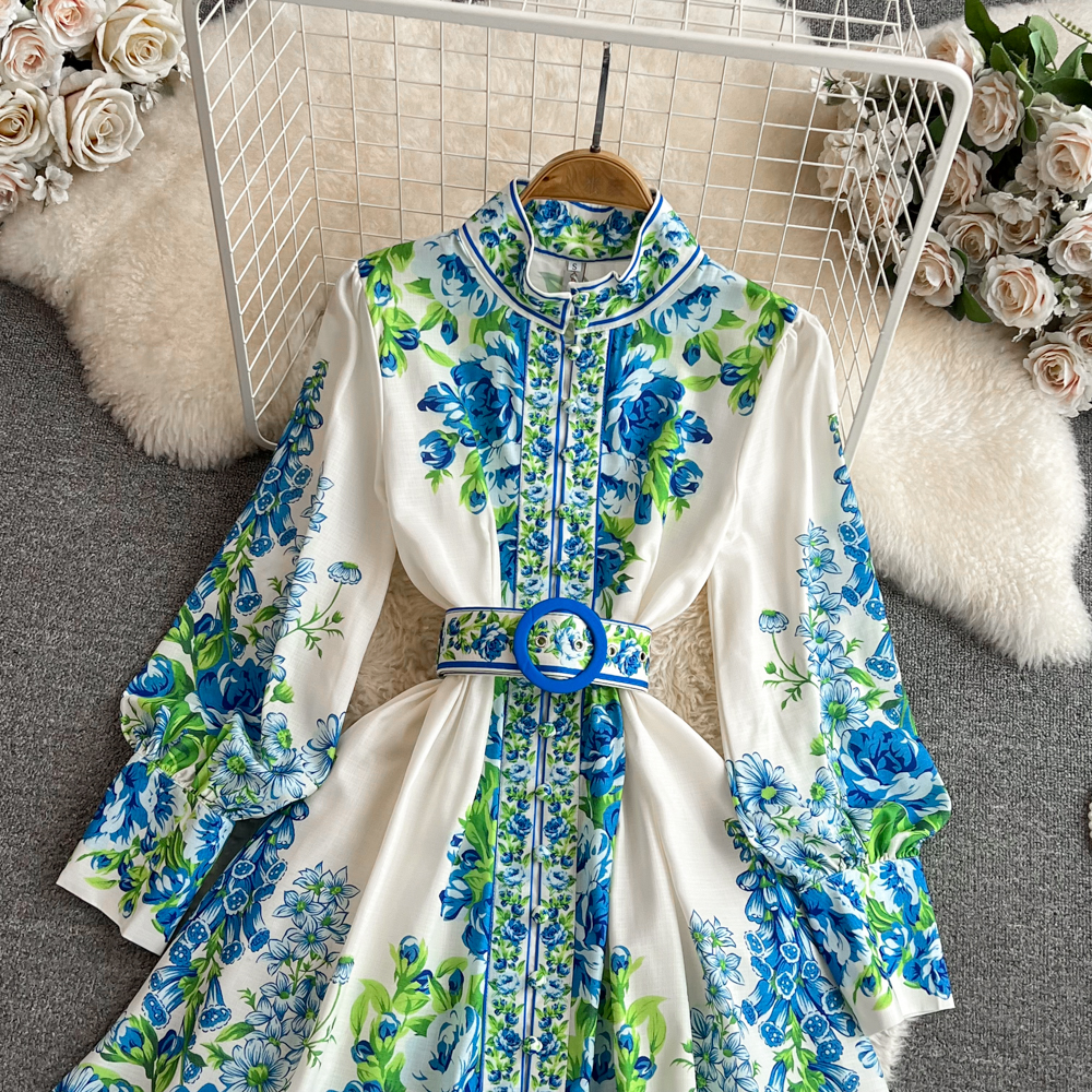 Women Casual Dresses Spring Summer 2025 Runway Fashion Wer Print Vintage Stand Neck Long Lantern Sleeve Belted Mini Dress