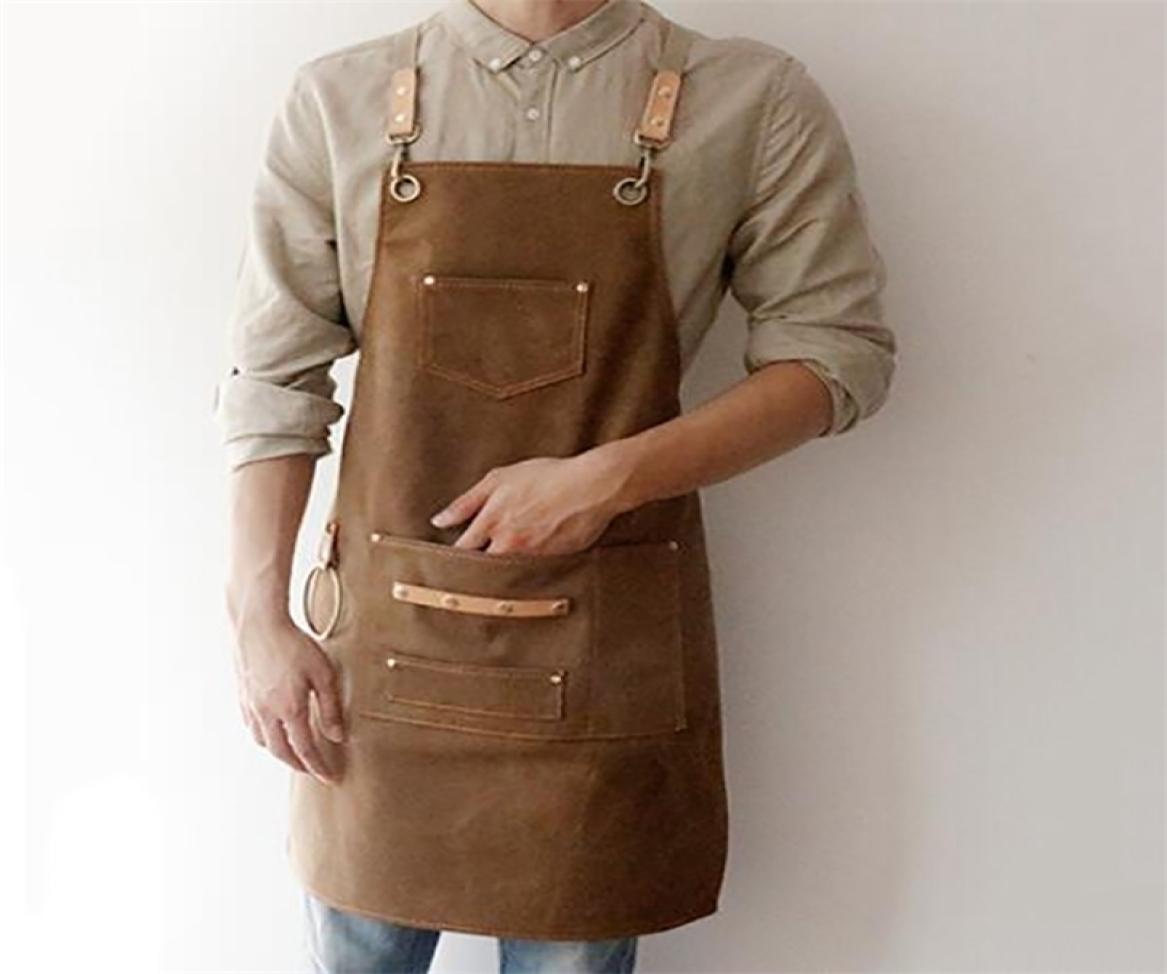 BBQ Canvas Apron Bib Leather Chef Kitchen For Women Men Barista Bartender Pockets Home Barber Cook Coffee Restaurant LJ200815
