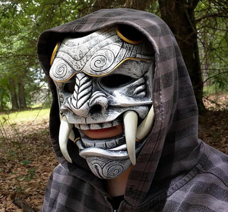 Party Masks Hannya Demon Mask Japanese Oni Samurai Noh Kabuki Red Prajna Latex Adult Unisex Halloween Cosplay Props