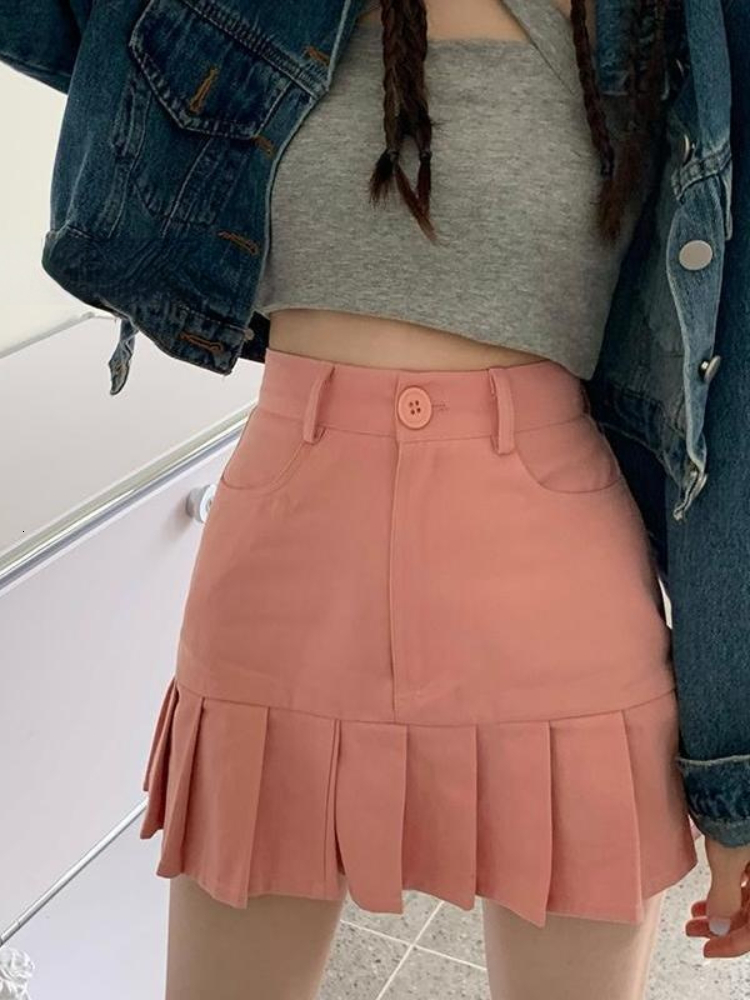 Skirts HOUZHOU Korean Cute Pleated Mini Skirt Women Sexy Patchwork High Waist Solid Casual A-line Denim Skirt Summer Kpop Streetwear 230428