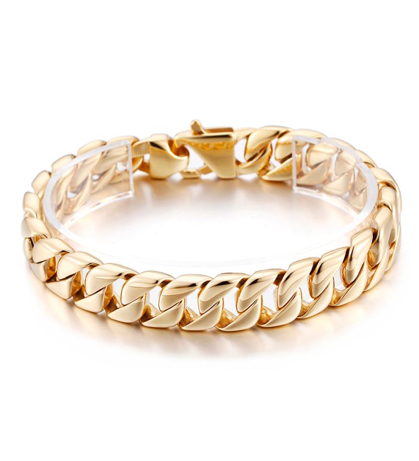 23cm 9 inch 12mm GoldPlated Chain Bracelet Fashion Stainless Steel Cuban curb Link Chain Bangle Women Mens Jewlery