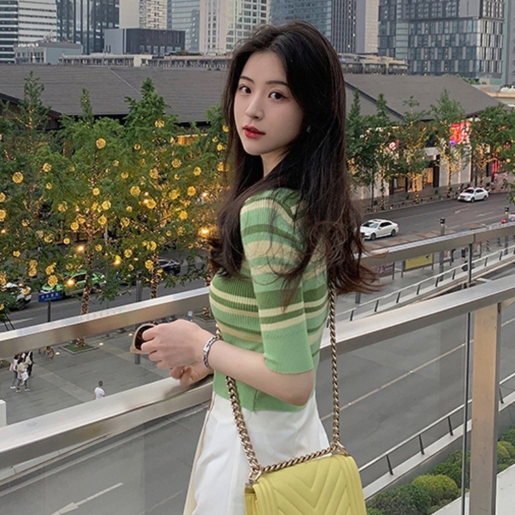 Women's Sweaters New Striped Short Sleeve Knitwear Thin Women's Summer 2023 New Korean Fit Versatile Pullover Bottom Top 210422