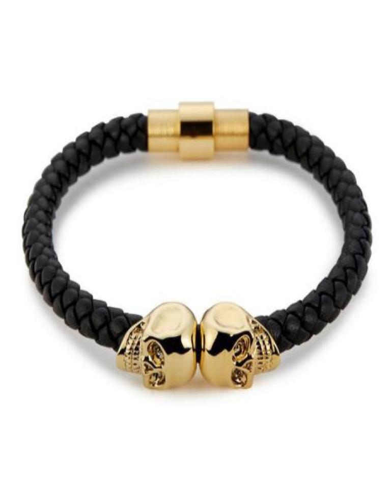 Sell Mens Black Genuine Leather Braided Skull Bracelets Men Women Stainless Steel Gold North Skull Bangle Fashion Jewelry