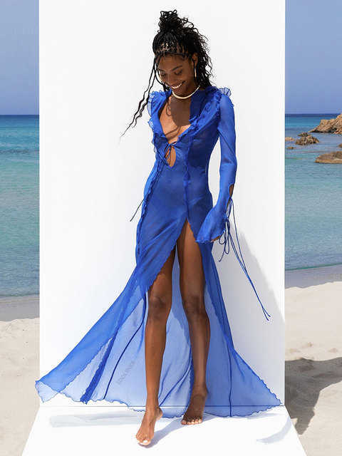 Sexy V Neck Black Perspective Ruffle Dress For Women Summer Elegant Long Sleeve Split Party Maxi Dresses vestidos A1942