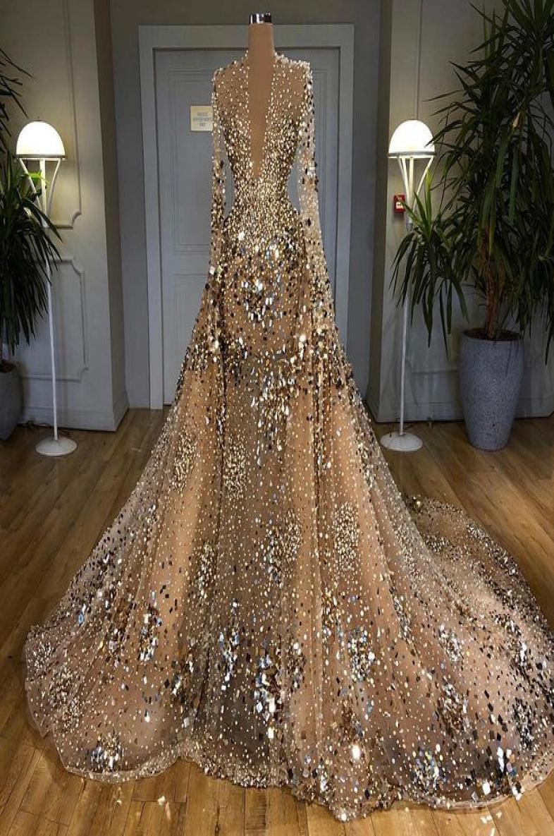 Plus Size Arabic Aso Ebi Gold Luxurious Sparkly Prom Dresses Beaded Crystals Sequins Evening Formal Party Second Reception Go