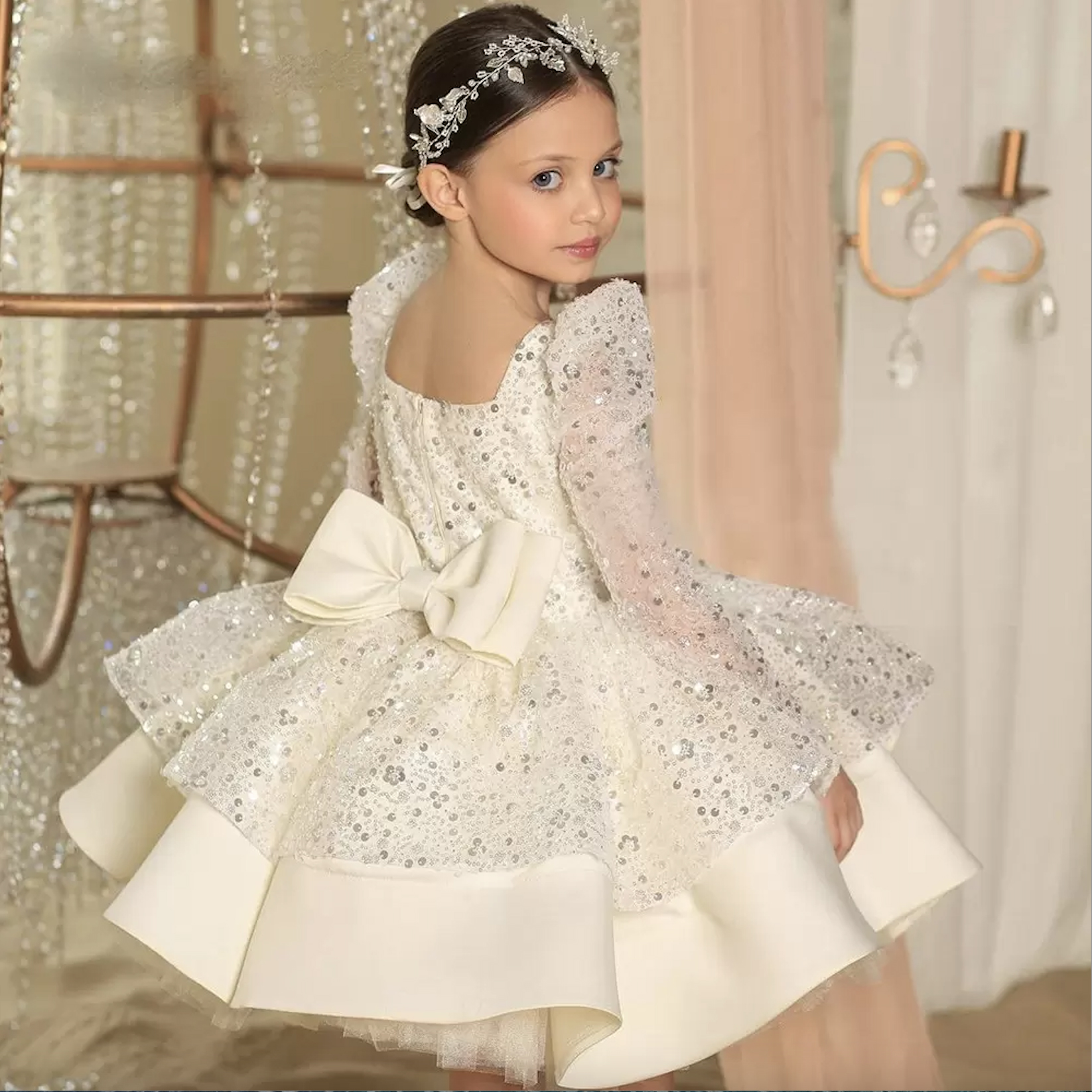 Glitter 2023 White Sequined Flower Girl Dresses Long Sleeves Birthday Wedding Guest Robe De Demoiselle Princess Communion 0509