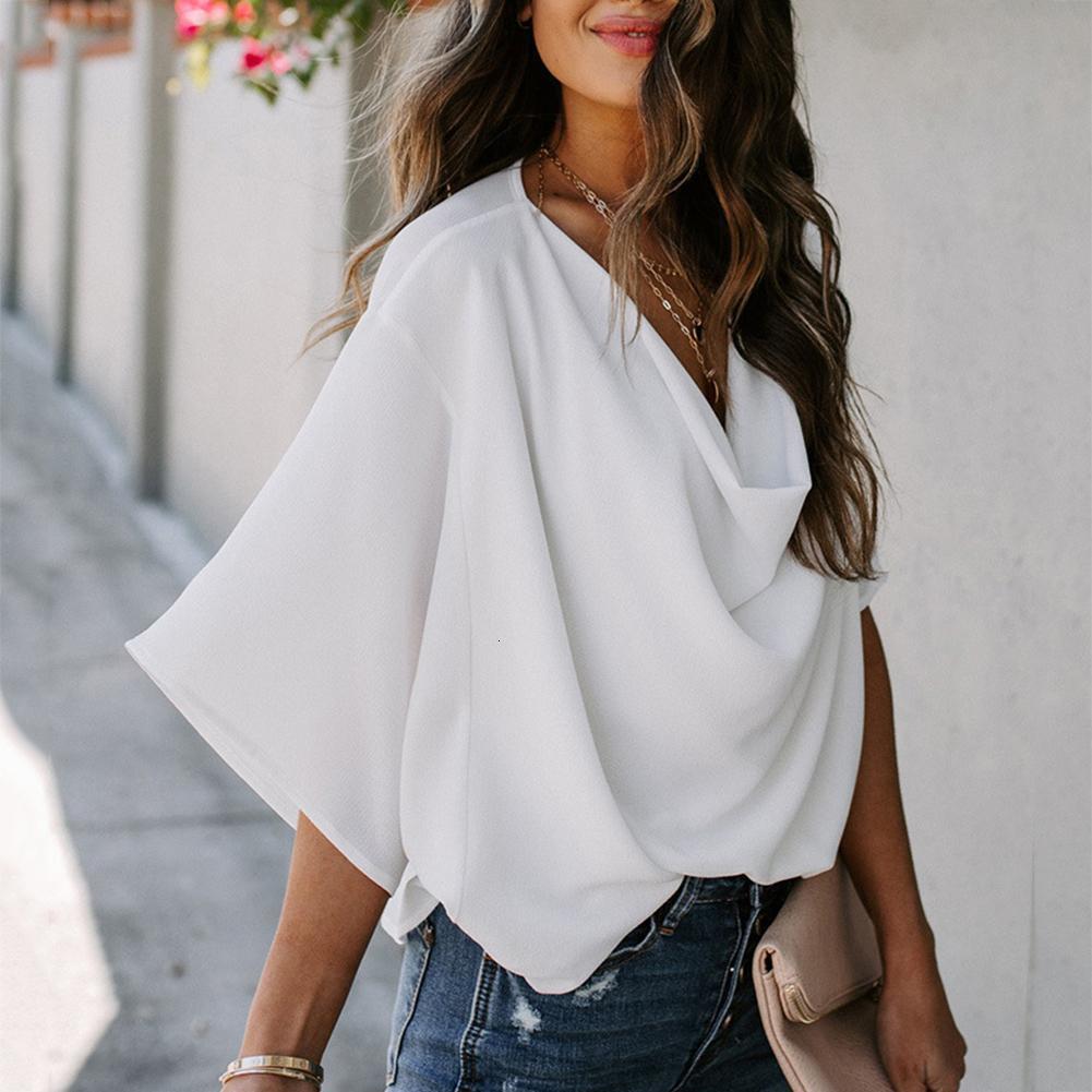 Womens Blouses Shirts Women Fashion Solid Color Half Sleeve V Neck Draped Front Shirt Blouse Tshirter 230404
