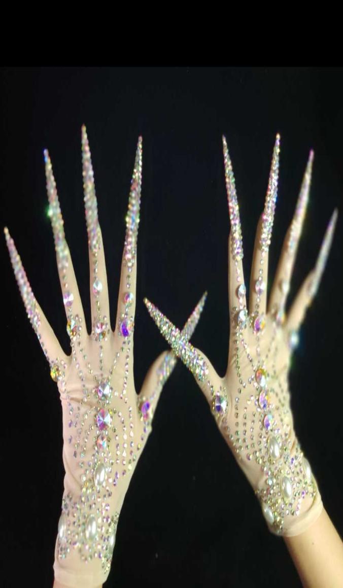 Fingerless Gloves Luxurious AB Rhinestones Pearls Plus Length Nails Gloves Women Fashion Drag Queen Outfit Nightclub Stage Perform