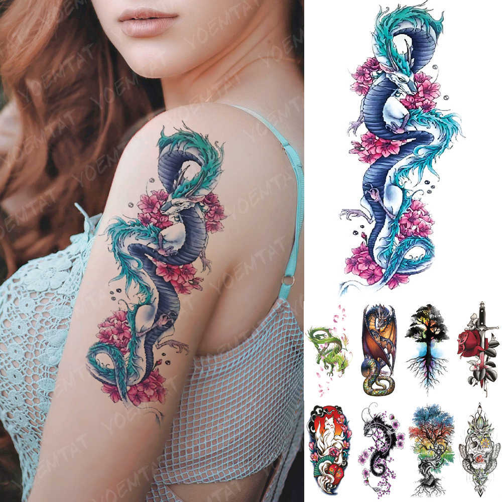 5 PC Temporary Tattoos Waterproof Temporary Tattoo Sticker Blue Ice Dragon Plum Blossom Flash Tattoos Family Tree Fox Body Art Arm Fake Tatoo Women Me