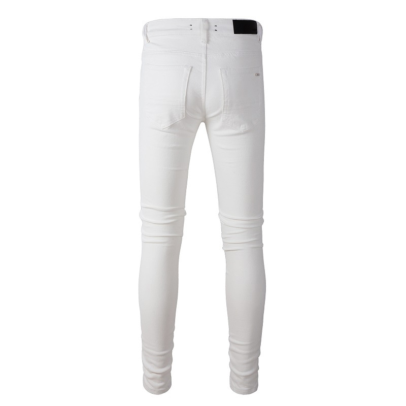 Fashion casual straight zipper fly washed white slim fit elastic hole patch jean men