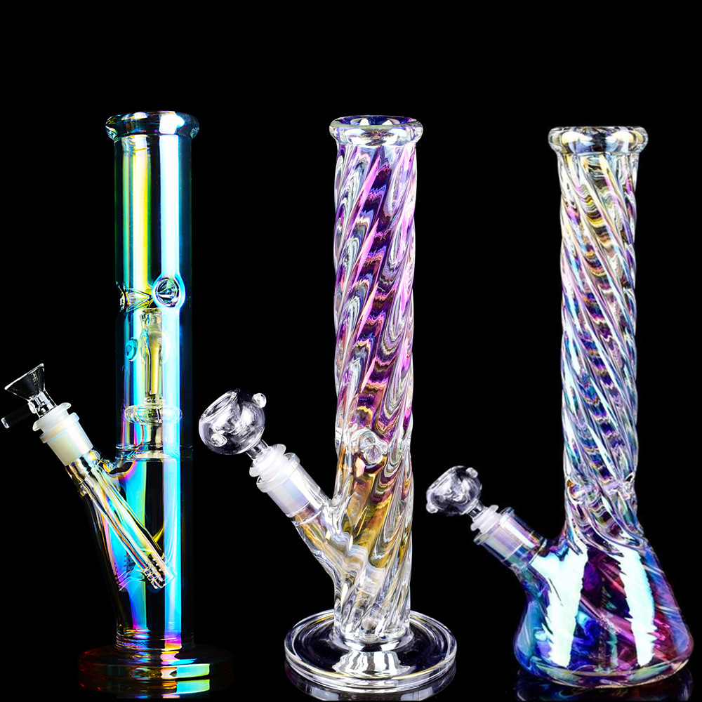 

12'' Colorful Hookah Bong Bubbler Straight Tube with Downstem Perc Rainbow Glass Water Pipe 14mm Joint Bowl Iridescent Dab Rigs for Smoking