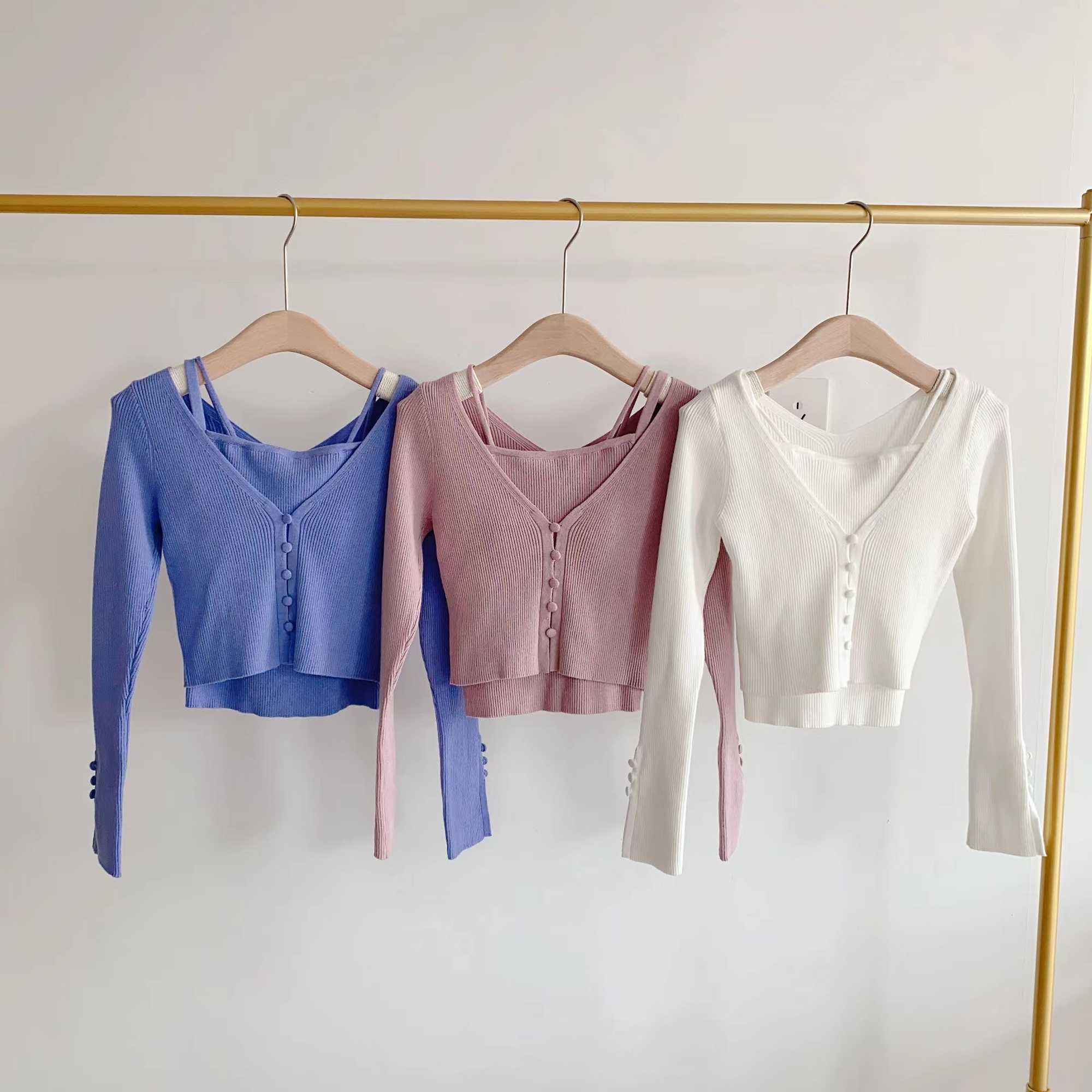 Kuzuwata Japanese Solid Color Slim V Neck Cardigan Vests Two-piece Suits 2023 Early Spring Sweet Outerwear Long Sleeve Top Women