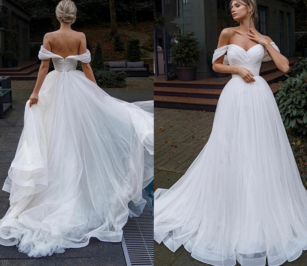 Off Shoulder Glitter Tulle Wedding Dress Sweetheart Straps Bridal Gowns For Bride Robe De Mariee Beach Sweep Train Vestido de Noiva