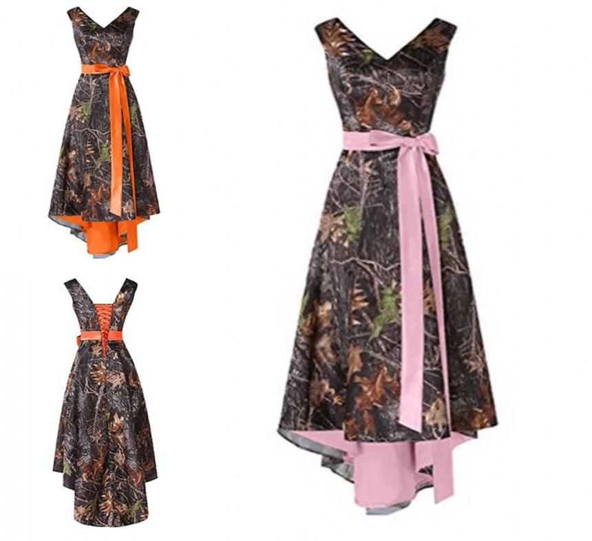 Camo hi lo Bridesmaid Dresses V neck Ribbon Bows Orange Pink Inner Satin Wedding Guest Prom Formal party Dress Whole Pric