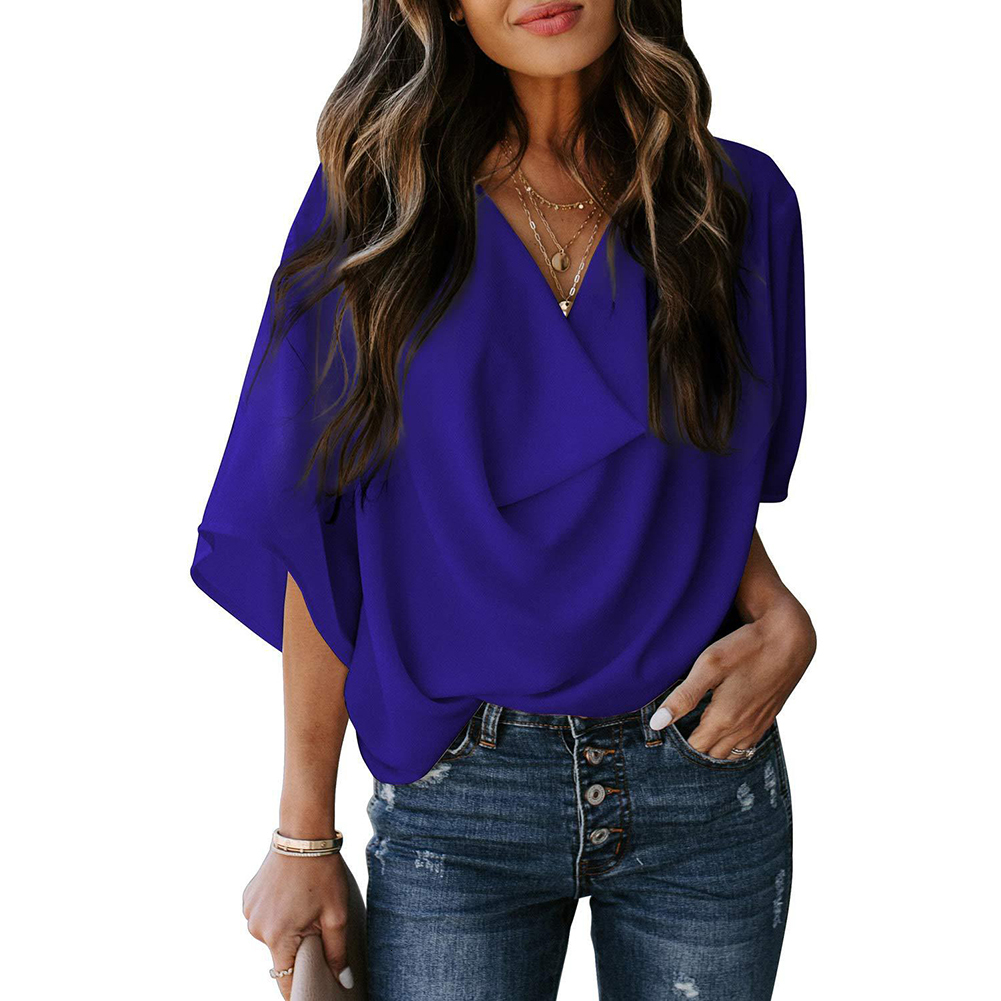 Womens Blouses Shirts Women Fashion Solid Color Half Sleeve V Neck Draped Front Shirt Blouse Tshirter 230404