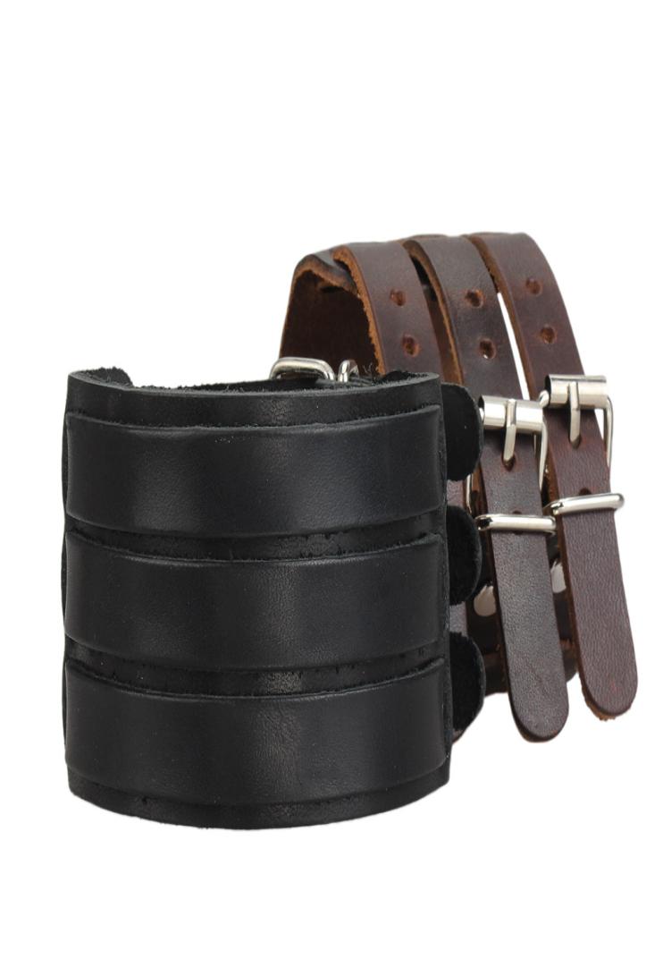 Bluelans Punk Rock New 2 Layer Belt Men Genuine Cow Leather Bracelet 3 Buckle Wristband Cuff Bangle 00JK