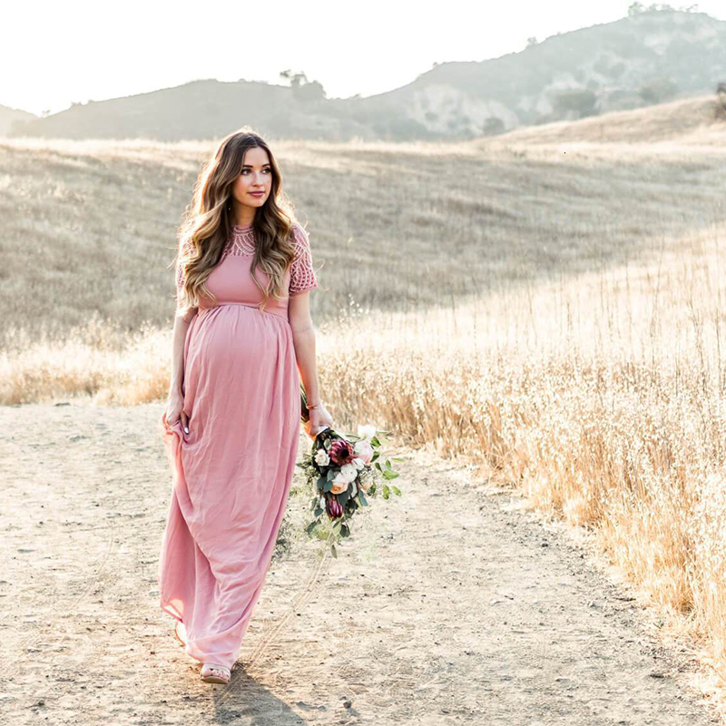 Maternity Dresses Summer Pregnant Women Baby Shower Dress Pregnant Women Po Shooting Lace Voile Chiffon Half 230404