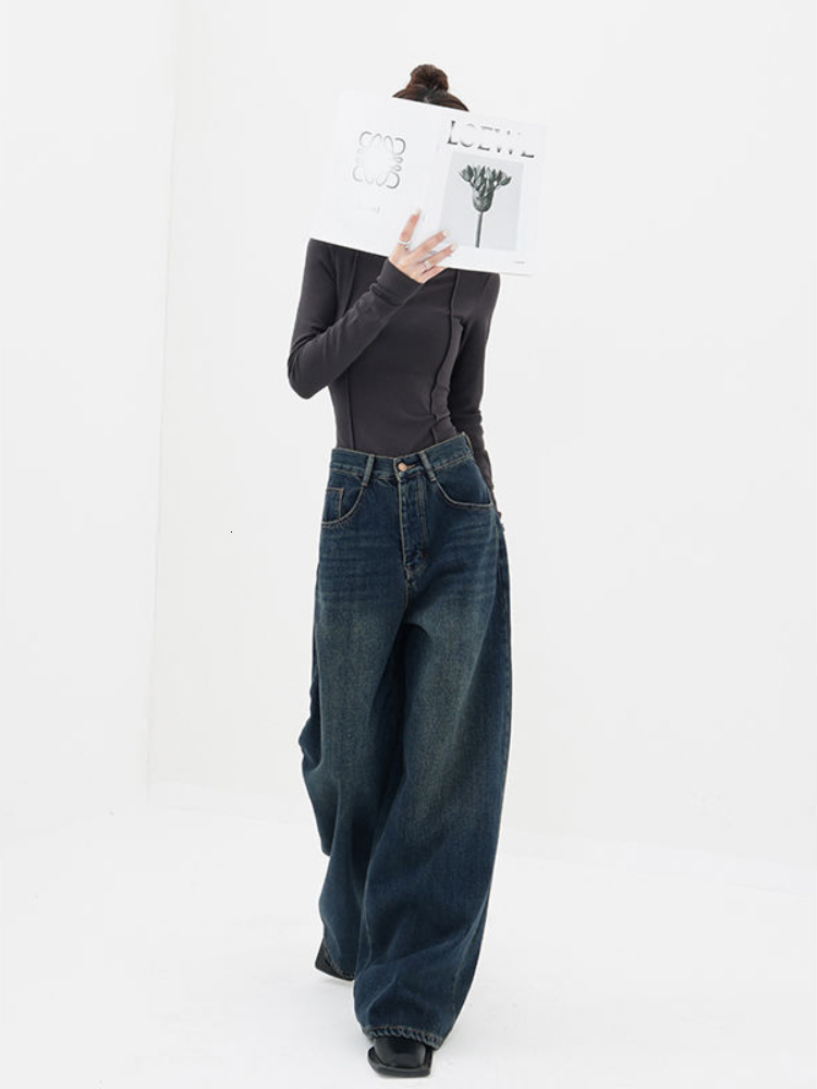 Women's Jeans High waisted retro blue dark straight jeans for women's Harajuku Fashion Casual Loose Full Matching Wide Leg Drag Trousers 230
