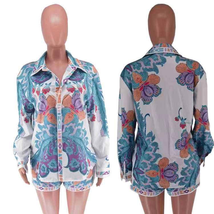 New Womens Tracksuits Two Piece Short Set Fashion Printed Long Sleeve Shirt Shorts Sports Suit Casual Outfits