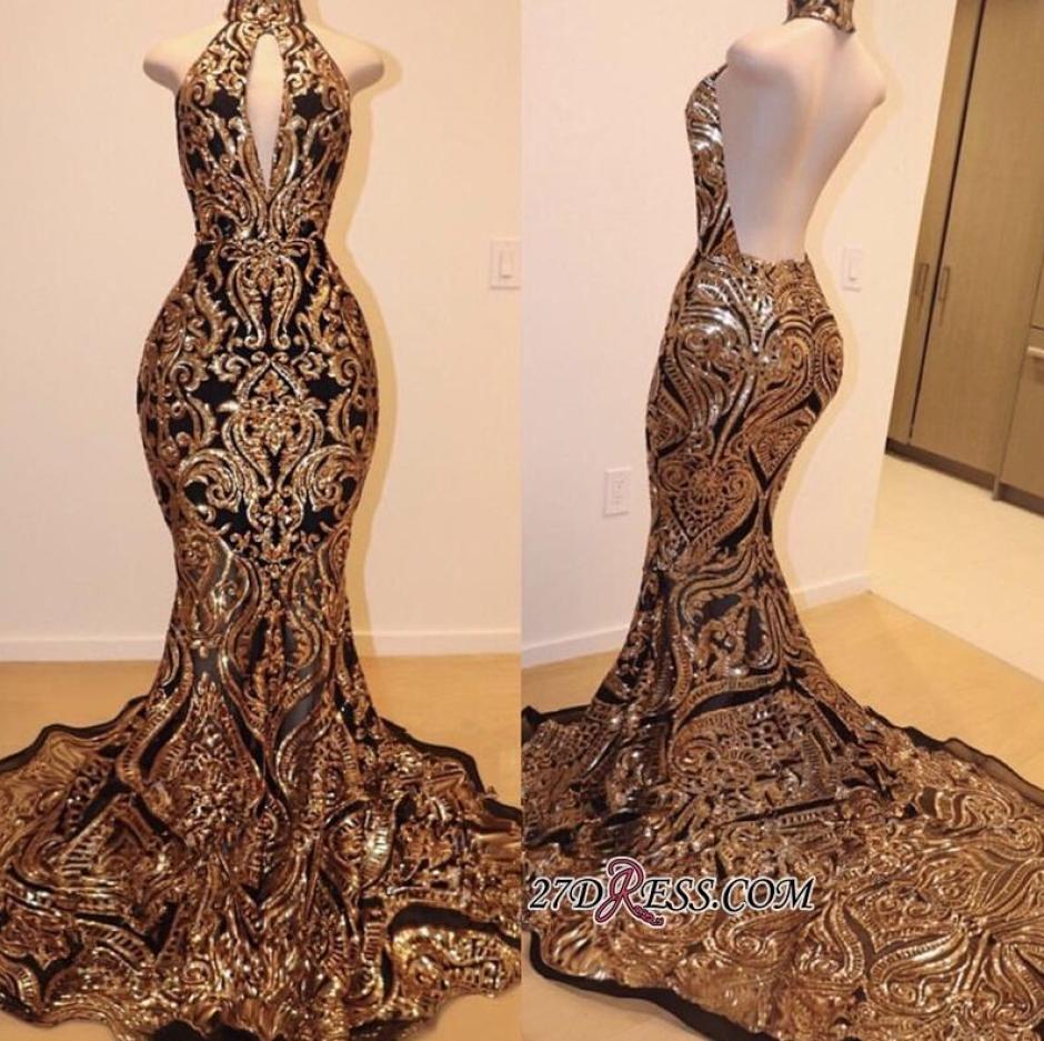 Gorgeous Gold and Black Sparkly Prom Dresses Hign Neck Backless Sweep Train African Sexy trumpet Occasion Evening Wear gowns