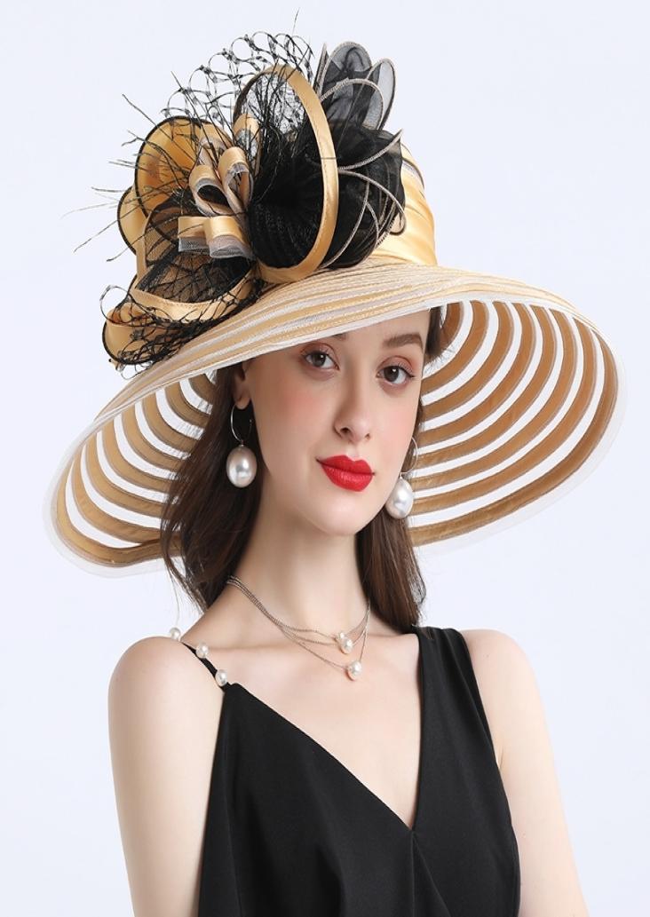 Elegant Women Feather Flower Striped Kentucky Derby Hat 16cm Wide Brim Church Dress Sun Hat Lady Summer Beach Party Wedding Hat Y2