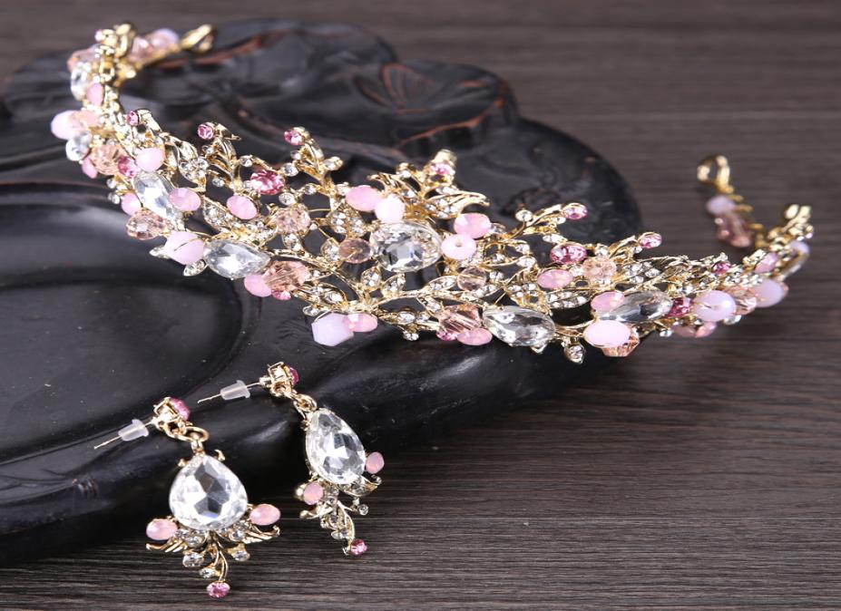 Exquisite Beaded Crystal Bridal Tiara Earrings Handmade Prom Quinceanera Pageant Wedding Crown Earrings Set Three Colors Pink Gold