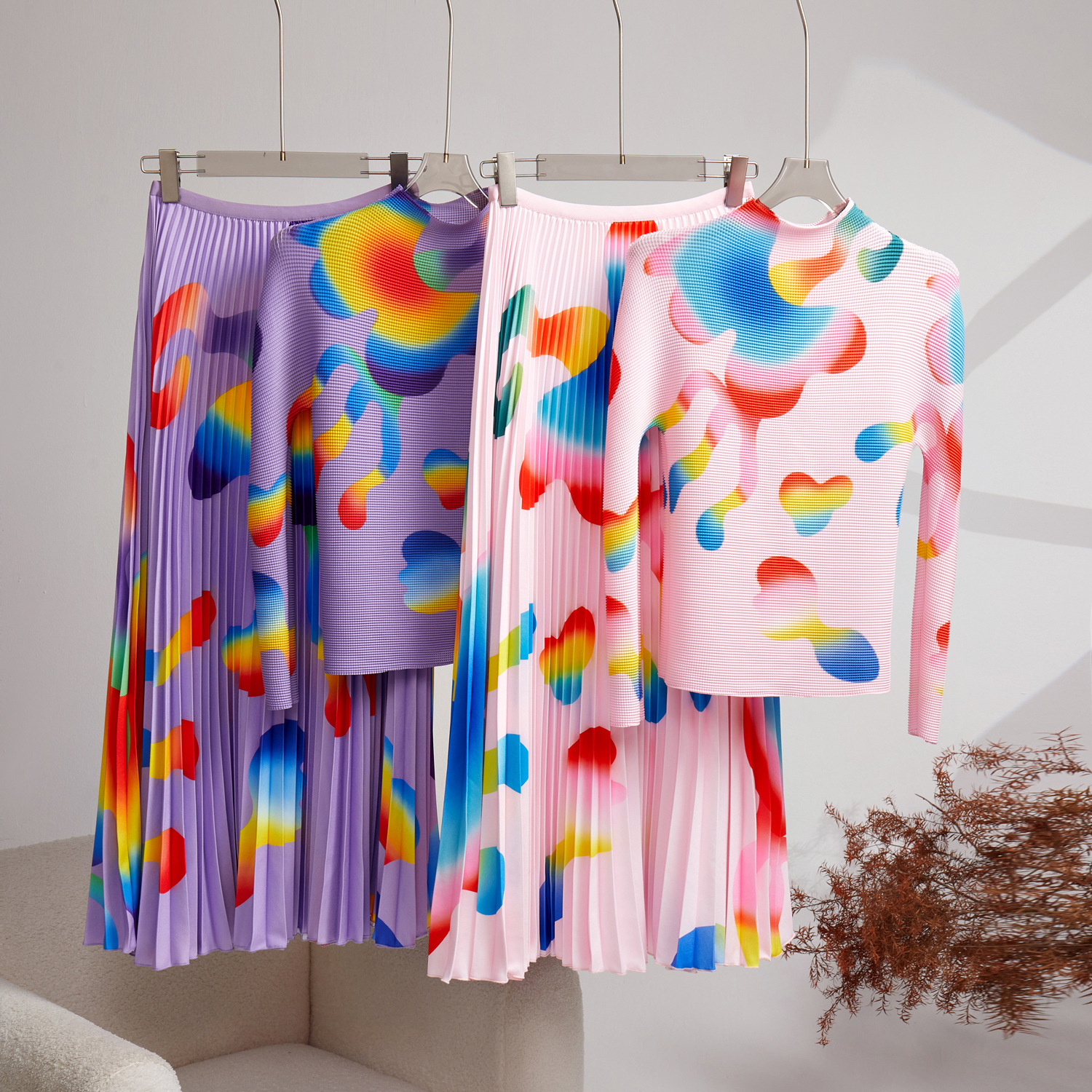 Two Piece Dress Bohemian Vacation Beach 2pcs Set Women Stand Collar Knitted Pullover Tops Elastic Waist Floral Print Pleated Long Skirts Suits 2024