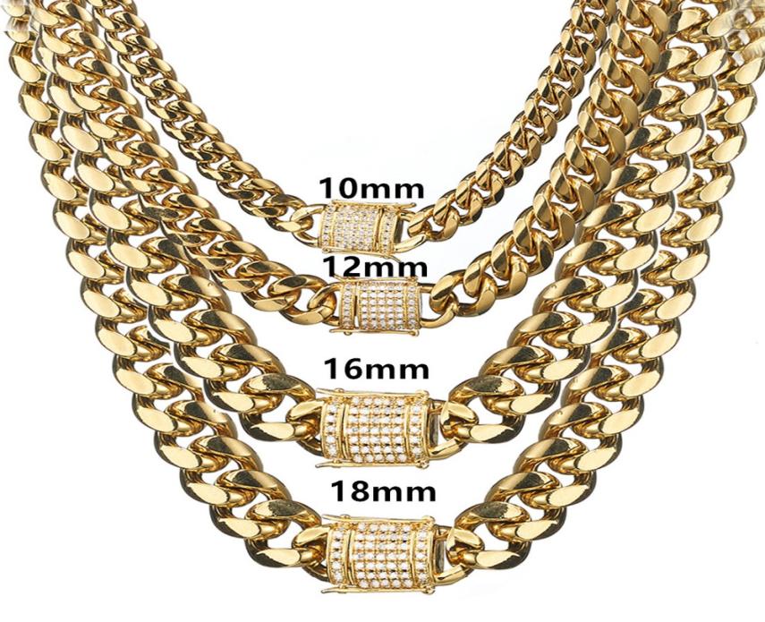 618mm Wide Stainless Steel Cuban Miami Chains Necklaces CZ Zircon Box Lock Big Heavy Gold Chain HipHop jewelry