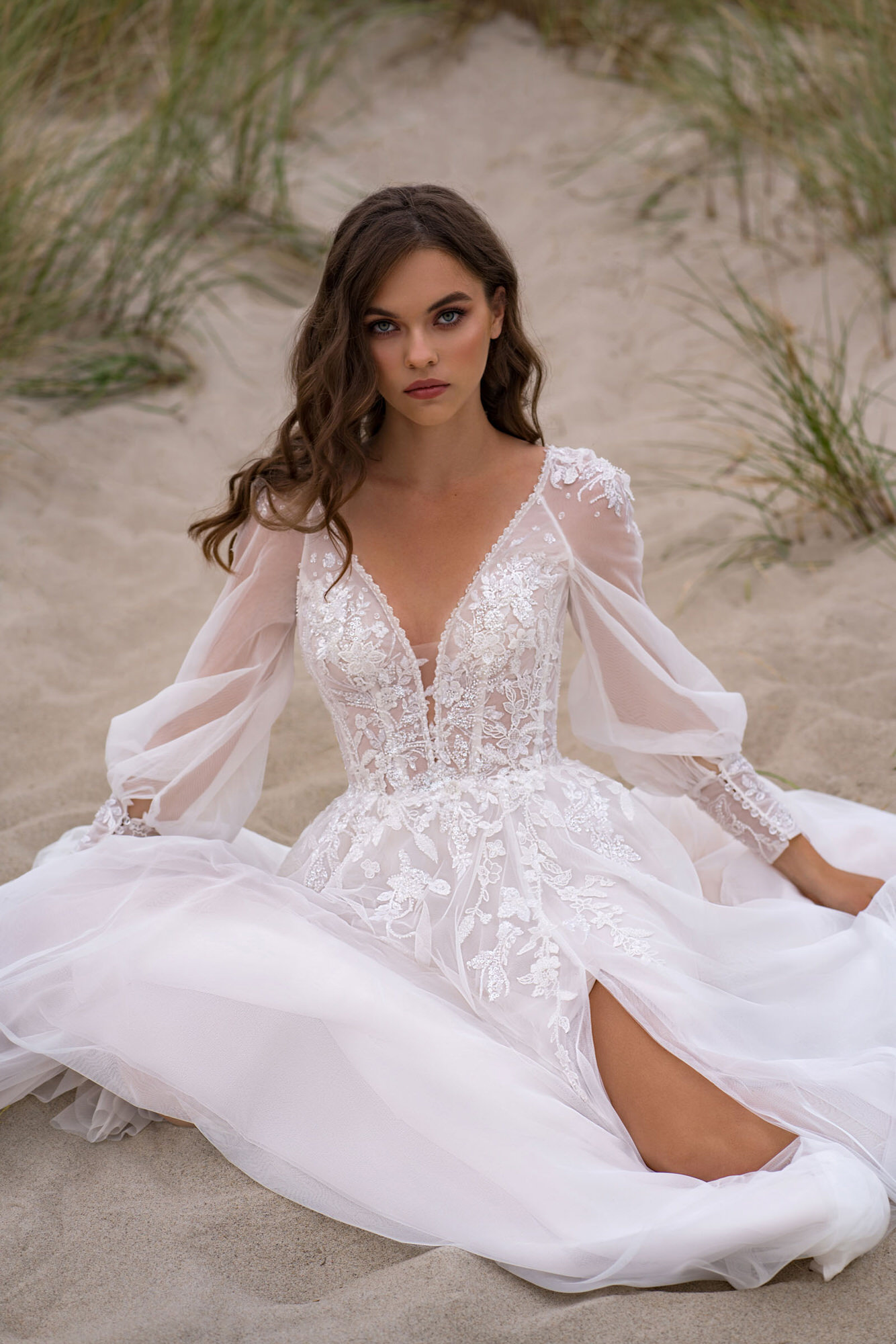 Long Puff Sleeves Boho Wedding Dress 2023 Tulle V-Neck High Split Appliques Women Bride Gowns Custom Made Civil Robe De Mariee Vestido de Noiva