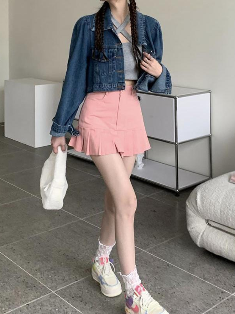 Skirts HOUZHOU Korean Cute Pleated Mini Skirt Women Sexy Patchwork High Waist Solid Casual A-line Denim Skirt Summer Kpop Streetwear 230428
