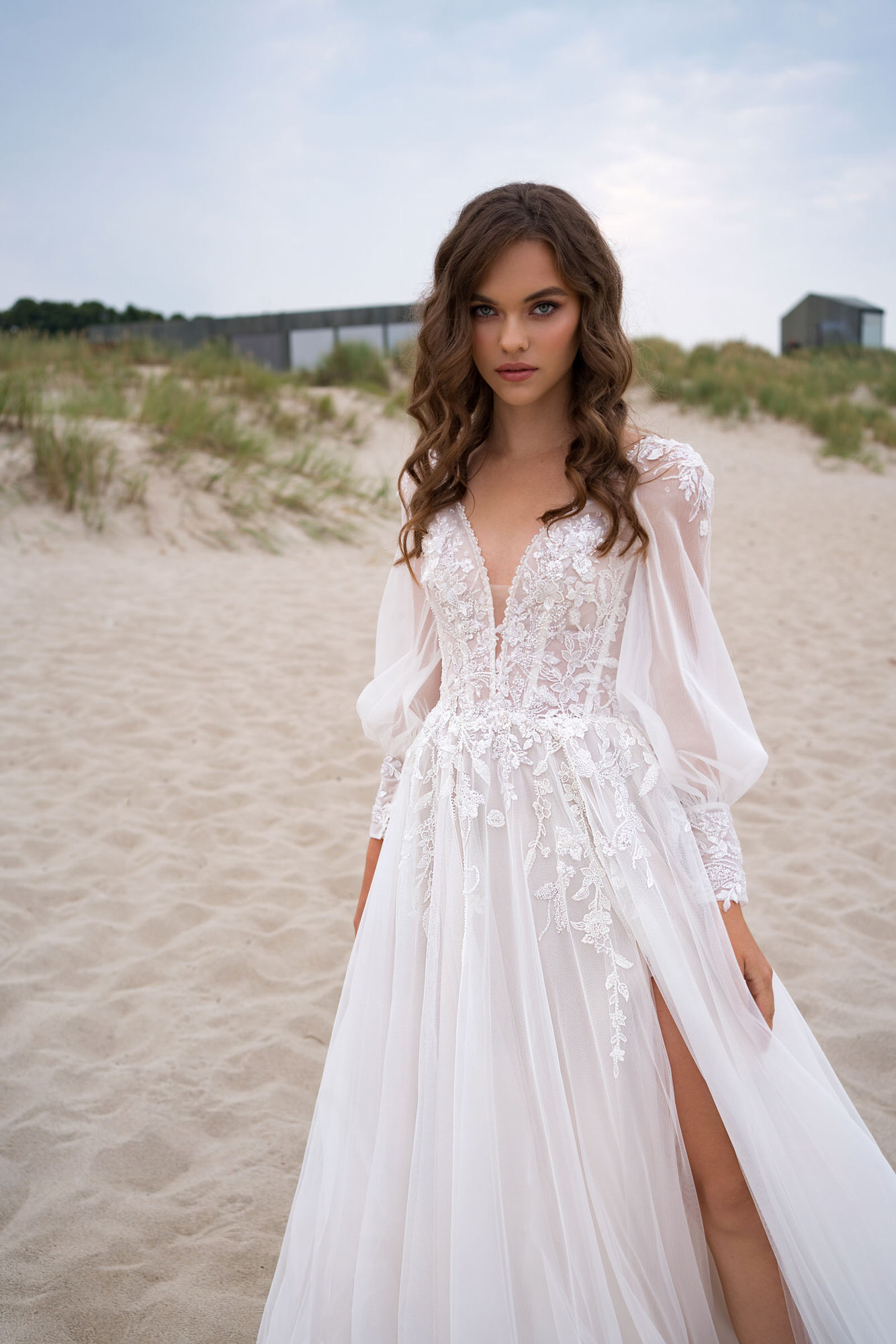 Long Puff Sleeves Boho Wedding Dress 2023 Tulle V-Neck High Split Appliques Women Bride Gowns Custom Made Civil Robe De Mariee Vestido de Noiva