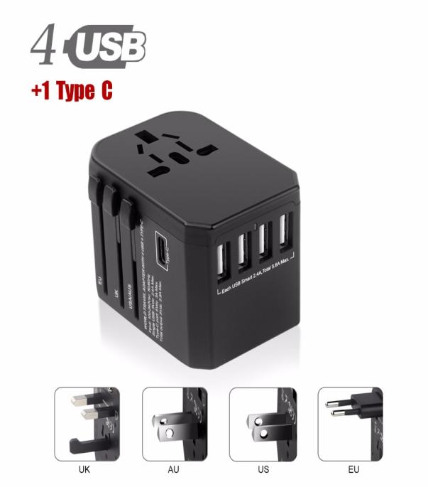 USB Type C Travel Power Plug Adapter 5 USB Ports 4 USB Type A 1Type C Wall Charger for Type I C G A Outlets EU Euro US UK