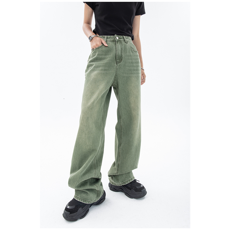 Women's Jeans Vintage Green Women's Jeans Fashion Trousers Street Clothing High Waist Wide Leg Summer Y2K Bag Casual Straight Mom Jeans 2304