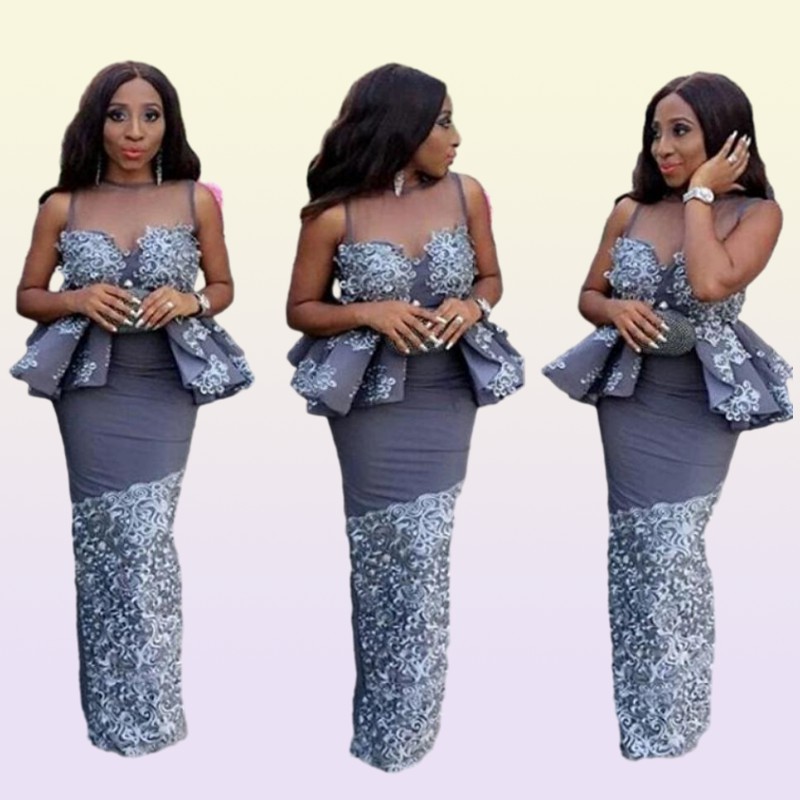 Newest Fashion Shine African Evening Dresses Nigerian Styles Sheer Neck Peplum Floor Length Mermaid Prom Party Gowns