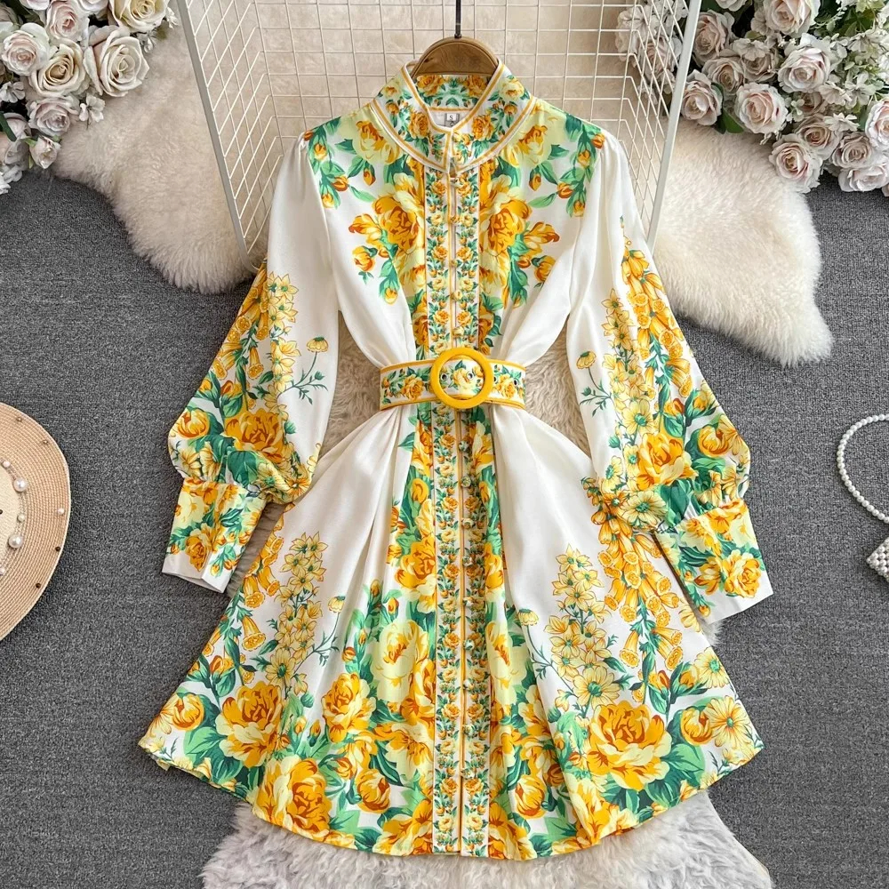 Women Casual Dresses Spring Summer 2025 Runway Fashion Wer Print Vintage Stand Neck Long Lantern Sleeve Belted Mini Dress