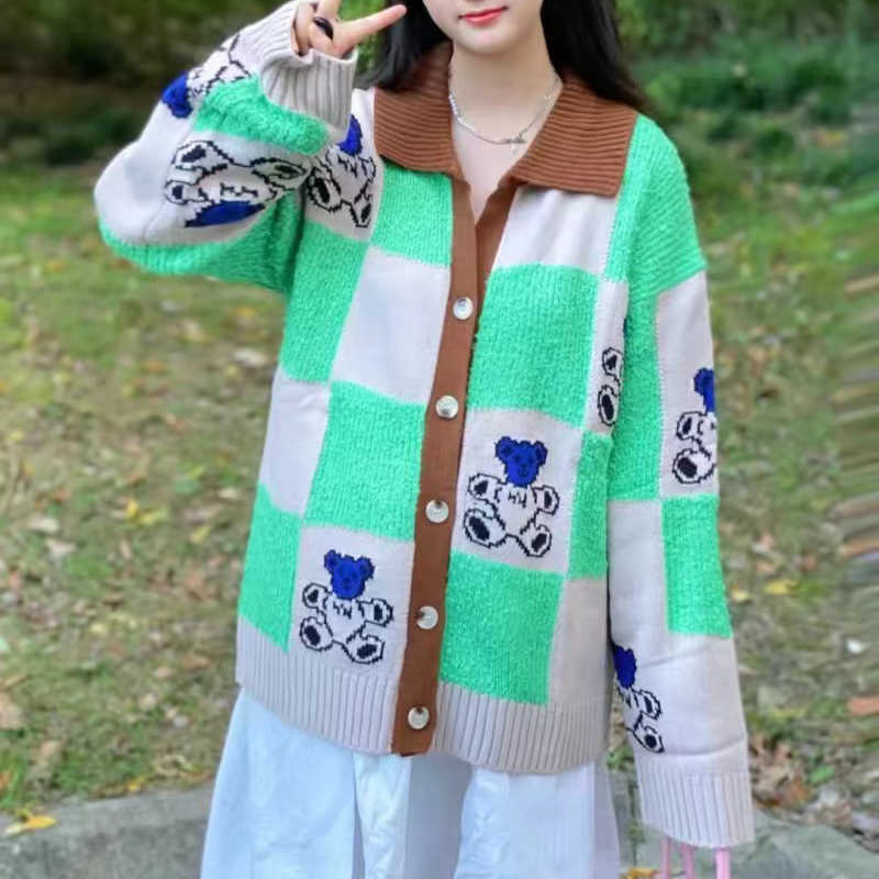 New Bear Print Cardigan Women Korean Style Kawaii Plaid Sweater Knitted Jumper Fashion Polo Collar Coat Autumn Spring Female Tops