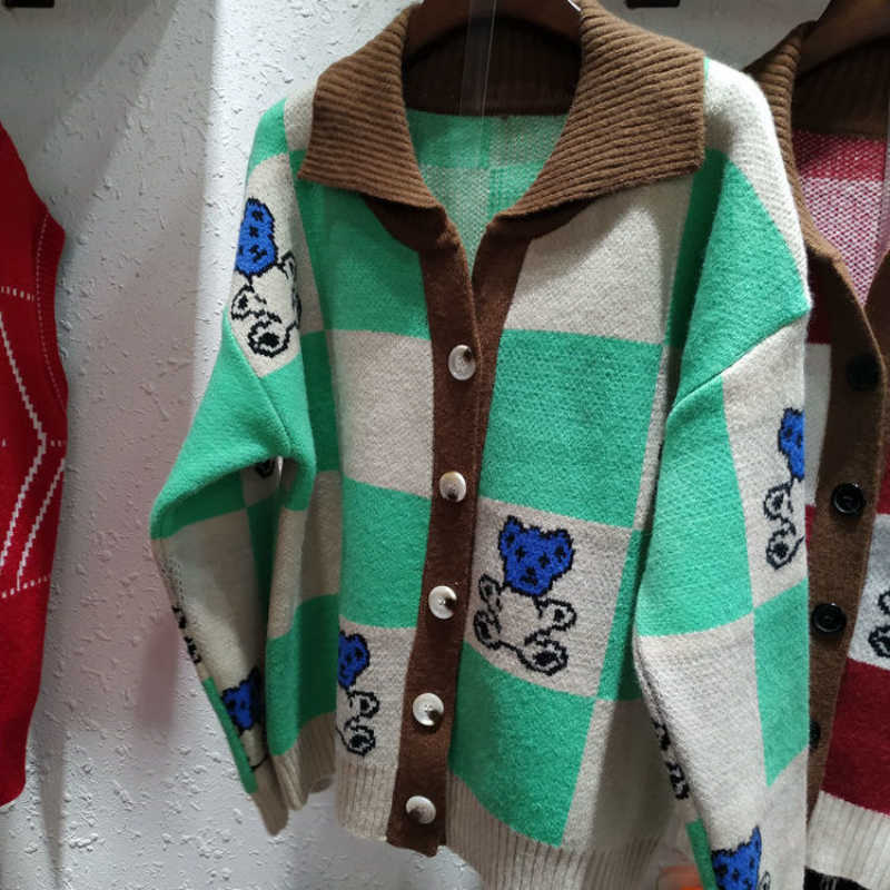 New Bear Print Cardigan Women Korean Style Kawaii Plaid Sweater Knitted Jumper Fashion Polo Collar Coat Autumn Spring Female Tops