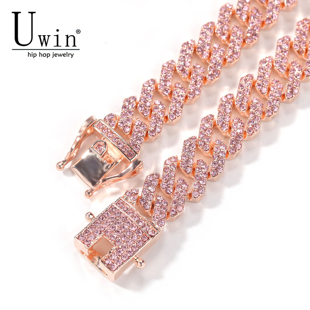 Chokers Uwin SLink Miami RoseGold Color 12mm Cuban Link Pink Necklace Chain Full Bling Punk Bling Charm Hiphop Jewelry 230403