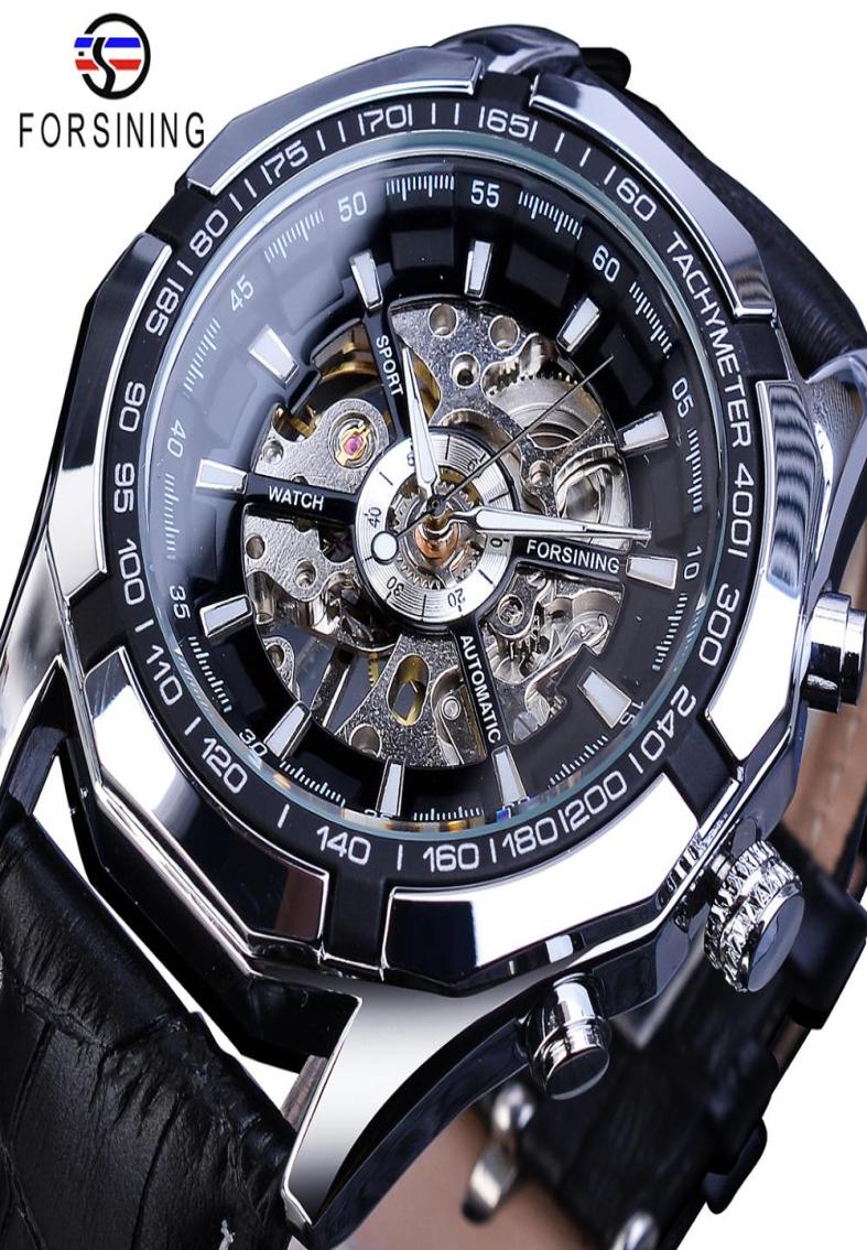 Forsining Brand Mechanical Watch Men Skeleton Steampunk Hand Wind Movement Black Genuine Leather Wrist Watches Reloj Hombre