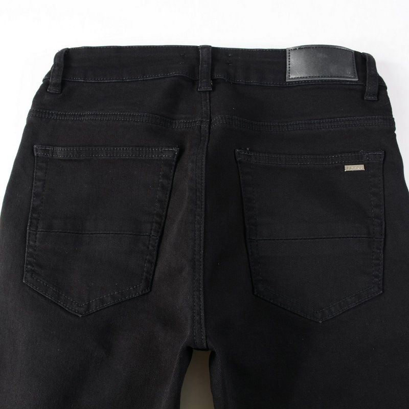 Fashion amiryes casual men straight zipper fly washed black hole patch elastic slimming jean