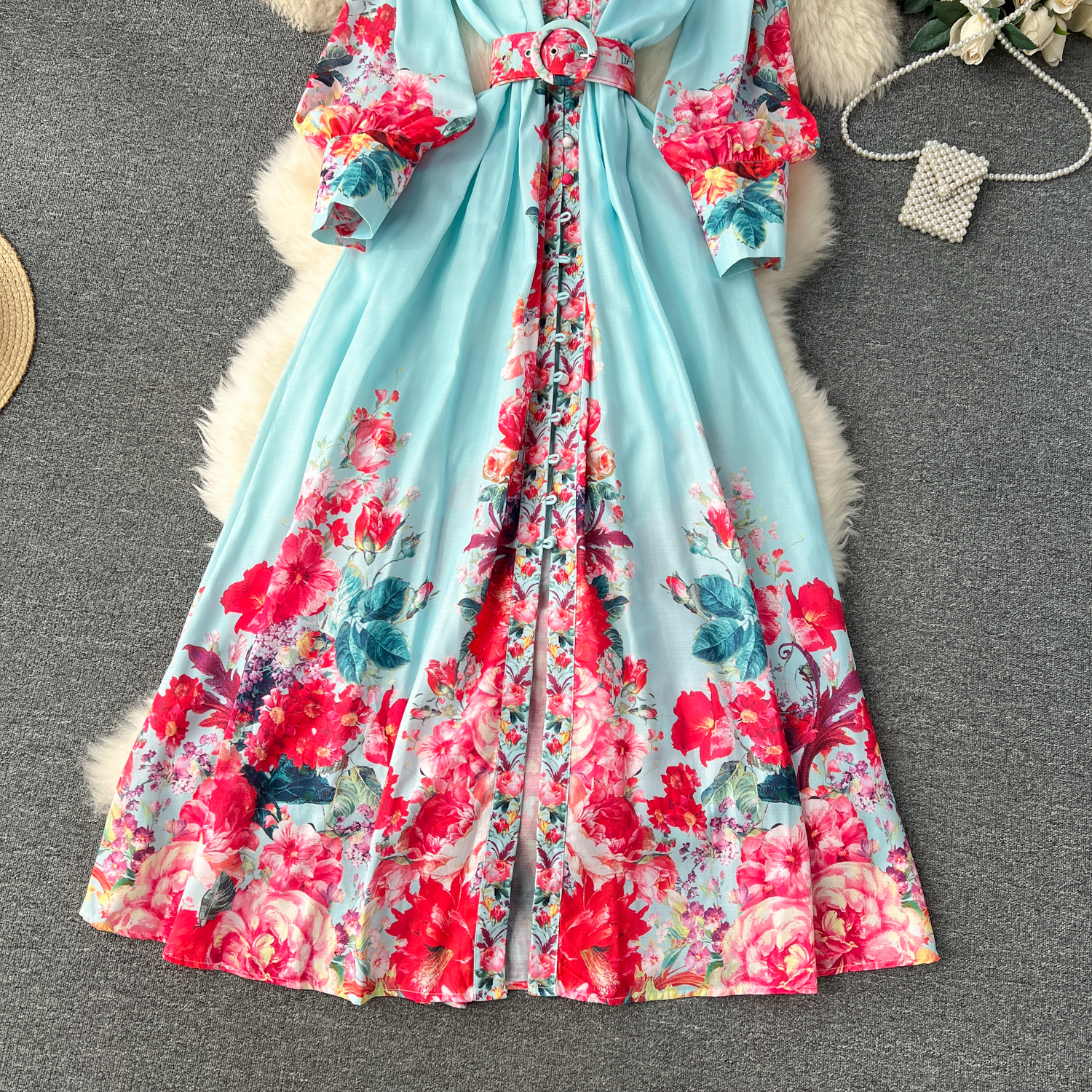 Basic Casual Women Dresses 2024 Fashion Holiday Gorgeous Flower Maxi Dress Womens Stand Long Lantern Sleeve Linen Floral Print Sashes Boho