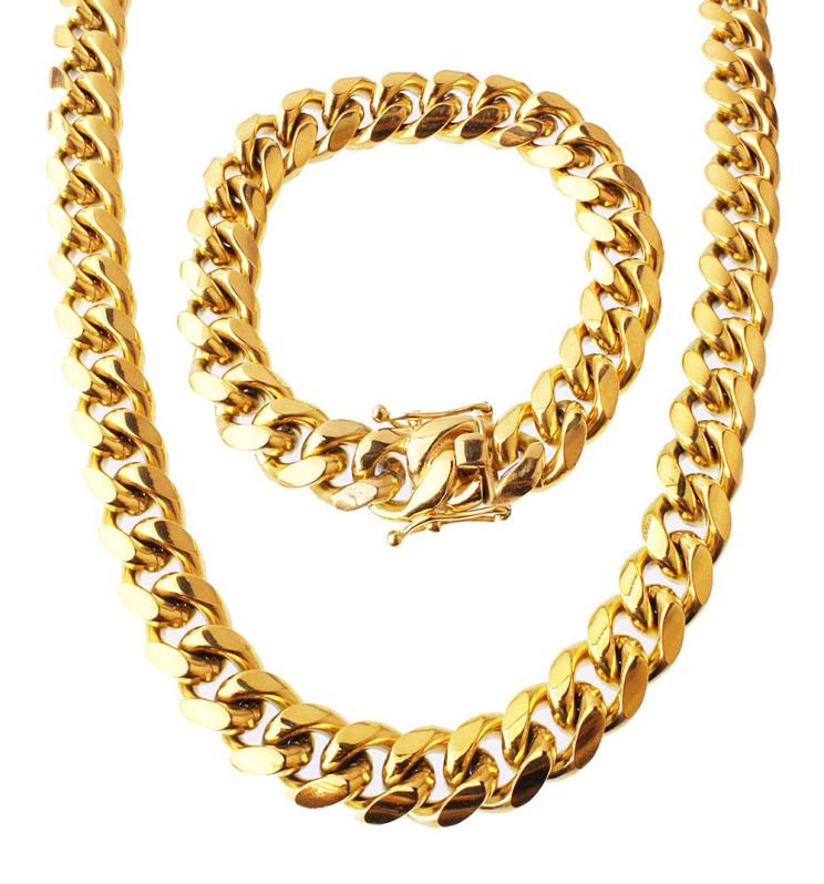 JCH Stainless Steel Jewelry Set 24K Gold Plated High Quality Cuban Link Necklace Bracelet Mens Curb Chain 14cm 85quot22quo