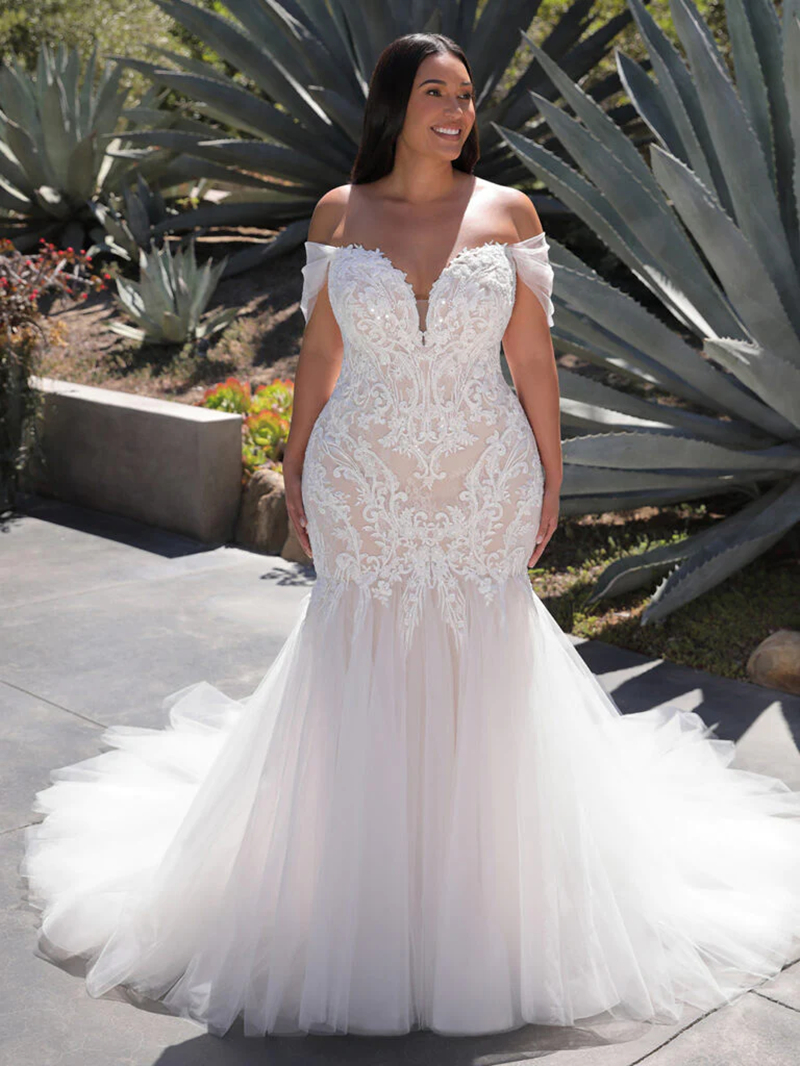 Sexy Sweetheart Mermaid Wedding Dress Plus Size Off The Shoulder Backless robe de mariee Lace Applique Long Train Ivory Tulle Bridal Gown vestidos