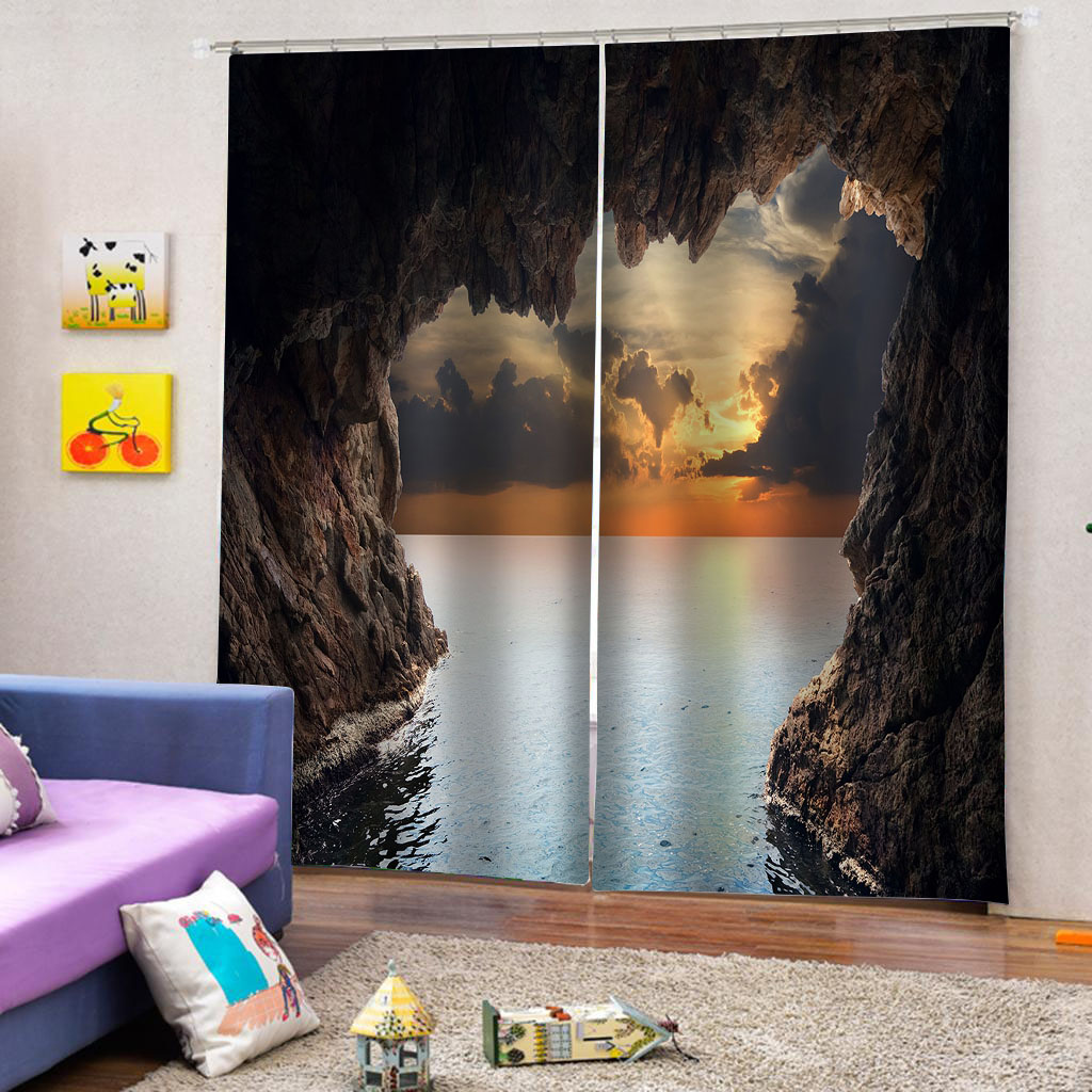 3D Curtain Custom 3D Beautiful Sunset Cave Sea View Curtains For Bedroom 3D Bathroom Shower Curtain 3D Photo Window Curtain