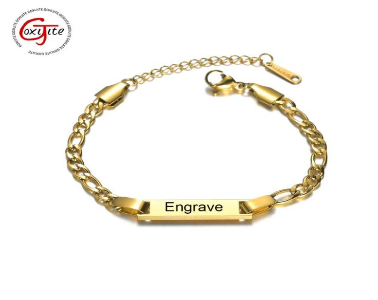 Goxijite Trendy Custom Engrave Name Bracelet For Women Kid Stainless Steel Adjustable Date Charm Gift Link Chain