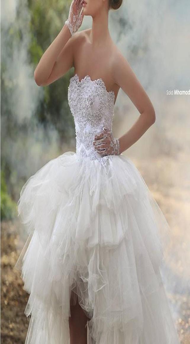 High Low Ball Gown Wedding Dresses Strapless Beaded Lace Applique Puffy Tulle Short Front Long Back Bridal Gowns Summer Beach Wedd