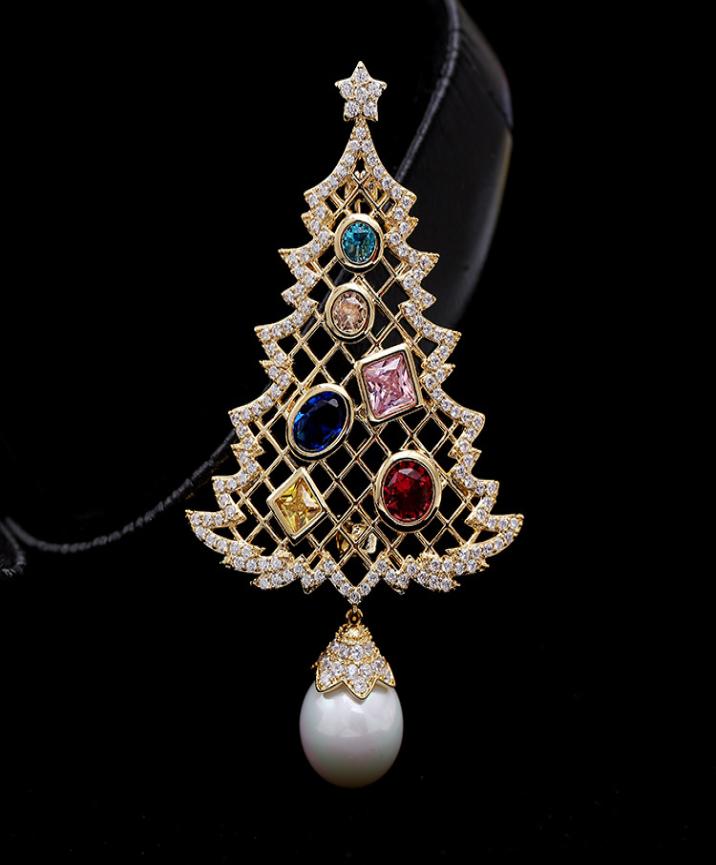 Luxury Designer Pearl Brooch Christmas Tree Pin for Women with Cubic Zirconia Fashion Jewelry Female New Year Gift