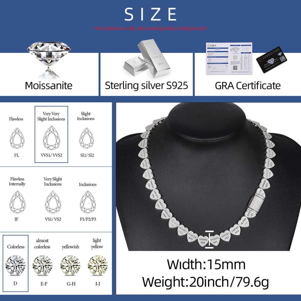 necklace moissanite chain Dropshipping Luxury Hip Hop Jewelry 13mm 925 Sterling Silver VVS Moissanit Diamond Iced Out Heart Shape Tennis