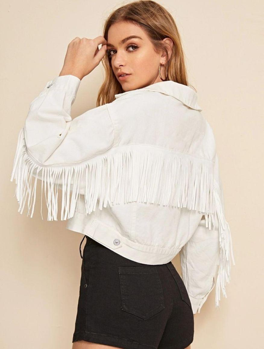 Women White Tassel Short Jackets Denim Spring Ladies Solid Fringed Casual Coat Style Tops Y2K Women039s