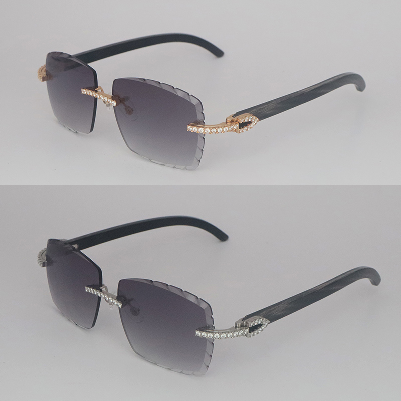 Luxury Moissanite Diamond Set Rimless Sunglasses Womans Big Stones 2.5 Carat Diamond Sun glasses Original MARBLED BLACK BUFFALO HORN Men Women Diamond cut Lens